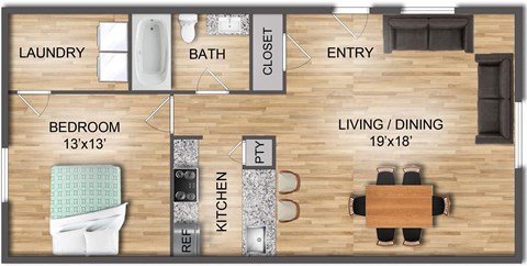 2D Lagoon floor plan of 1 bed, 1 bath apartment